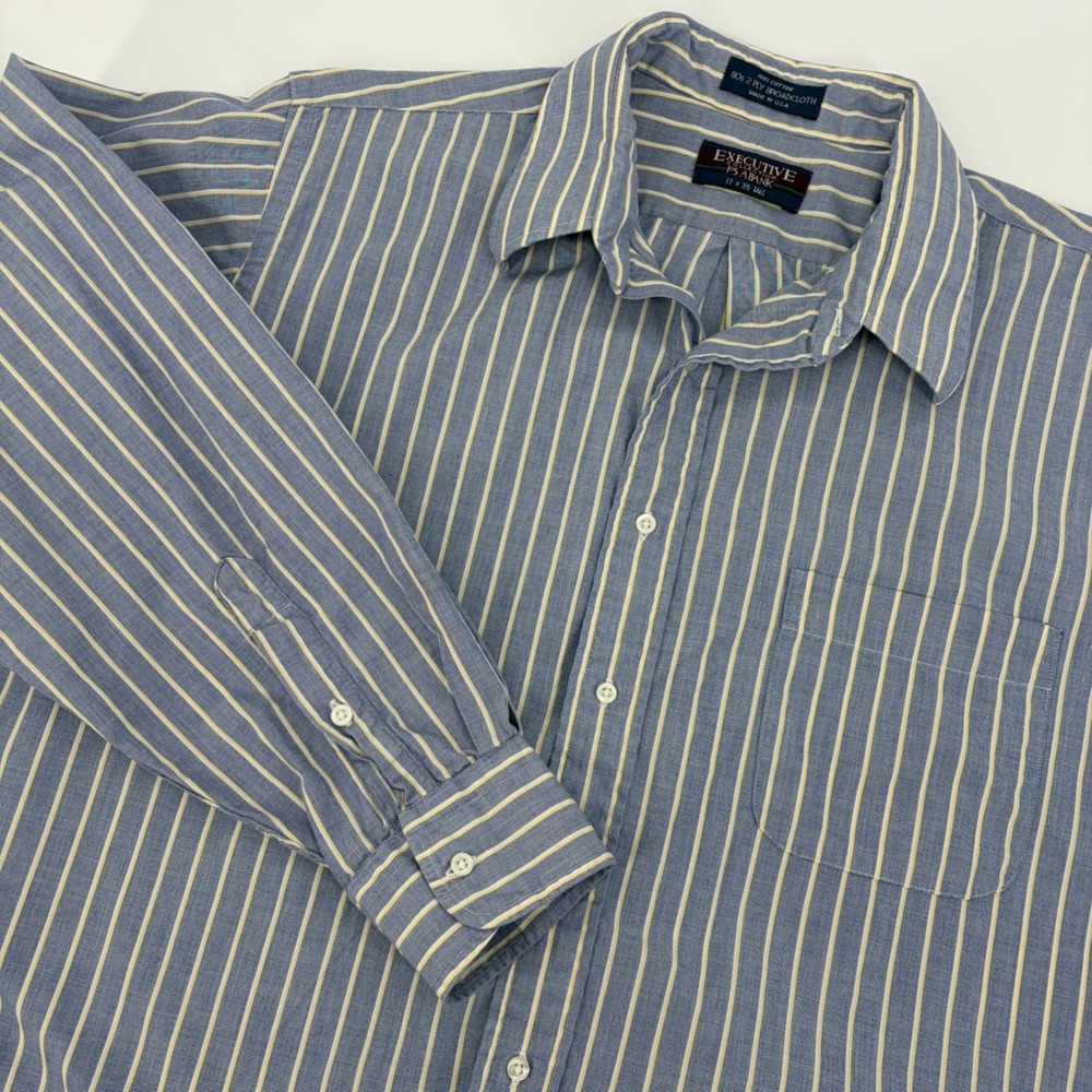 Jos. A. Bank Executive Shirt Blue Yellow Stripe Broadcloth Vintage 17x35 Tall
